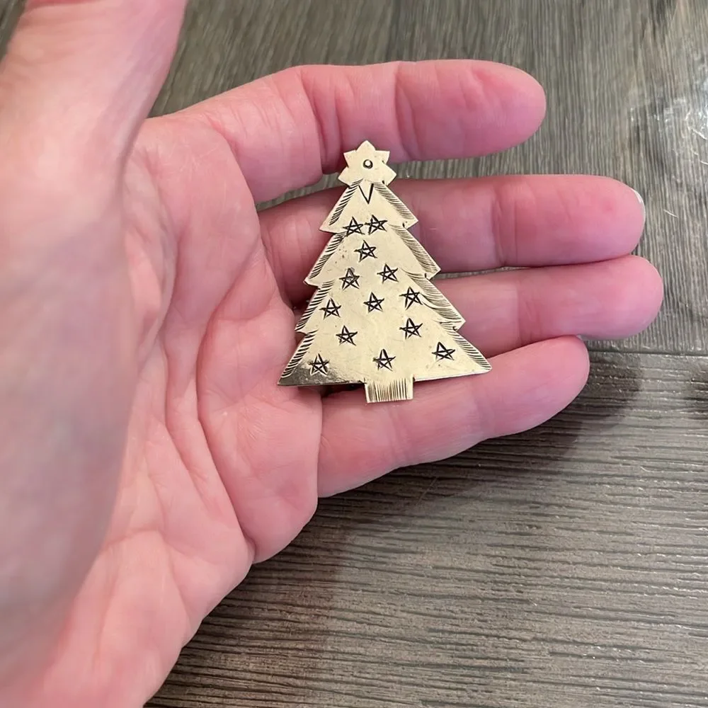 Vintage Brass Christmas Tree Pin with Etched Design Holiday Brooch
